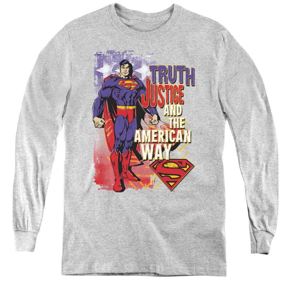 Superman Truth Justice - Youth Long Sleeve Tee - Athletic Heather