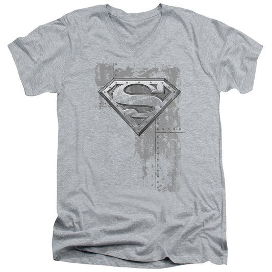 Superman - Riveted Metal - Short Sleeve Adult V-neck - Athletic Heather T-shirt