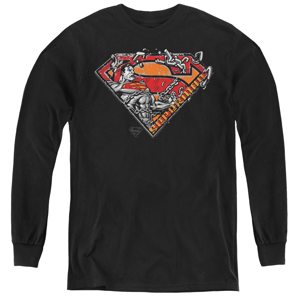 Superman - Breaking Chain Logo - Youth Long Sleeve Tee - Black