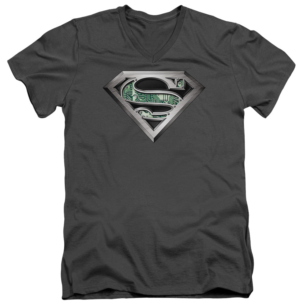 Superman - Circuitry Logo - Short Sleeve Adult V-neck - Charcoal T-shirt