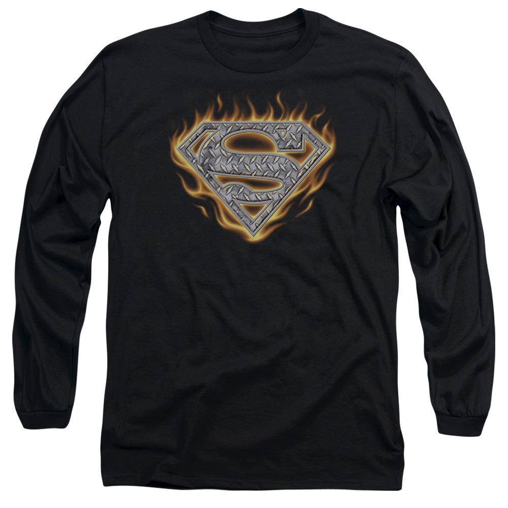 Superman - Steel Fire Shield - Long Sleeve Adult 18/1 - Black T-shirt