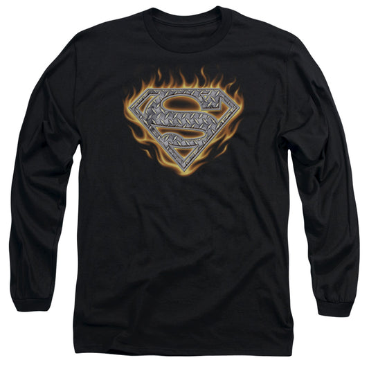 Superman - Steel Fire Shield - Long Sleeve Adult 18/1 - Black T-shirt