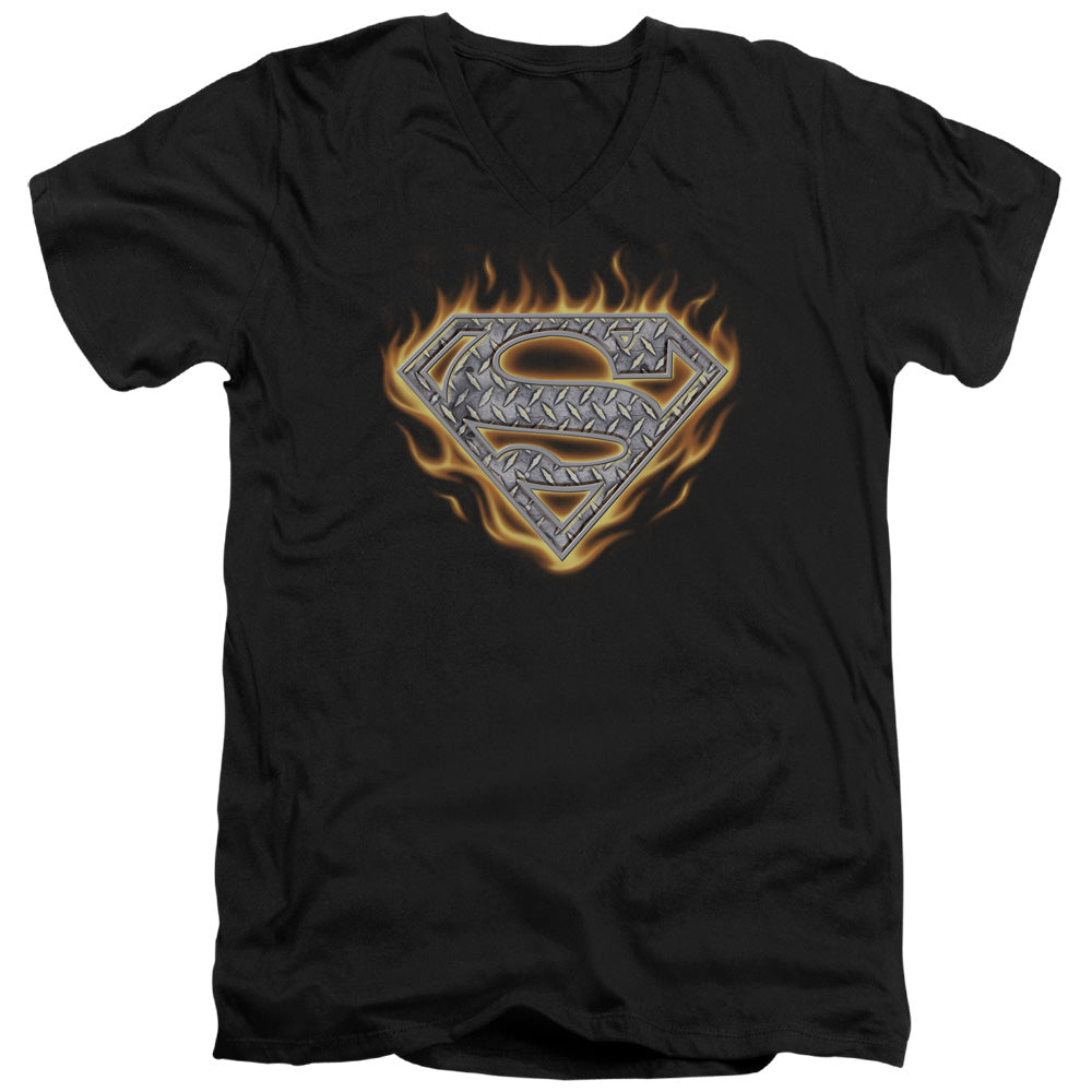 Superman - Steel Fire Shield - Short Sleeve Adult V-neck 30/1 - Black T-shirt