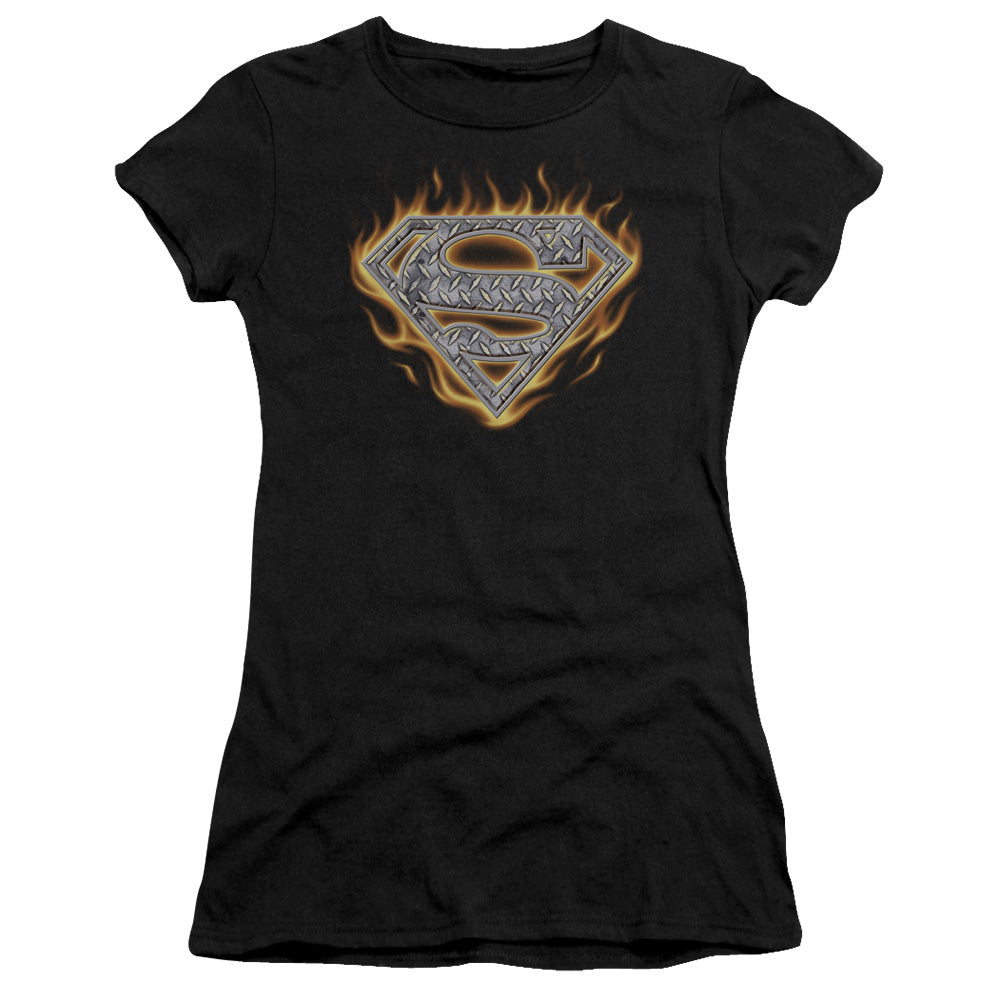 Superman - Steel Fire Shield - Short Sleeve Junior Sheer - Black T-shirt