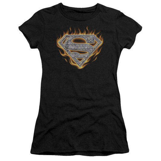 Superman - Steel Fire Shield - Short Sleeve Junior Sheer - Black T-shirt
