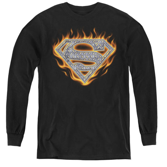 Superman - Steel Fire Shield - Youth Long Sleeve Tee - Black