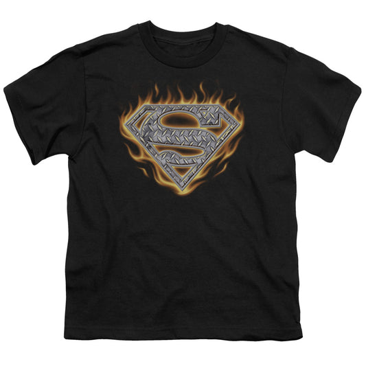 Superman - Steel Fire Shield - Short Sleeve Youth 18/1 - Black T-shirt