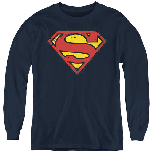 Superman - Distressed Shield - Youth Long Sleeve Tee - Navy