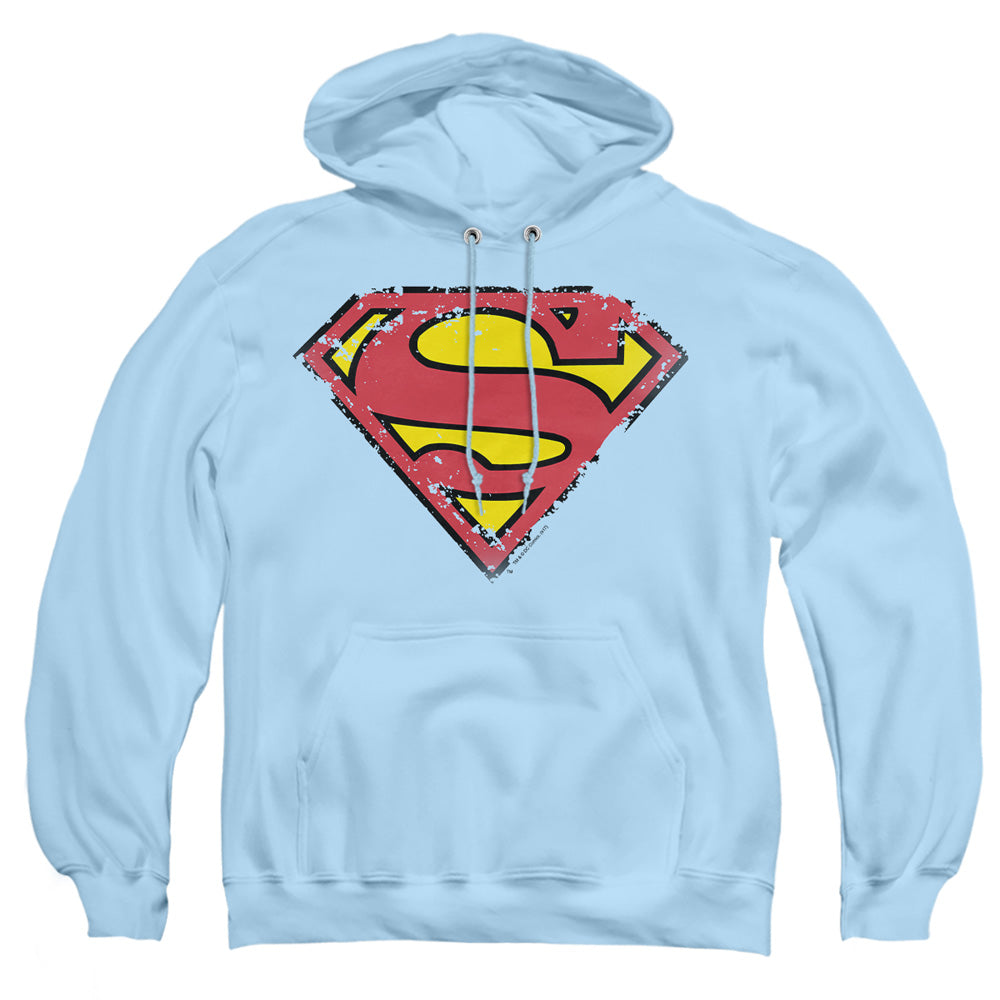 Superman - Distressed Shield - Adult Pull-over Hoodie - Light Blue