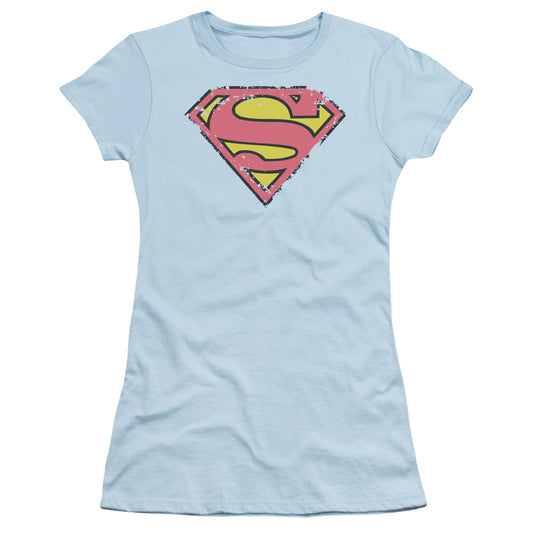 Superman - Distressed Shield - Short Sleeve Junior Sheer - Light Blue T-shirt