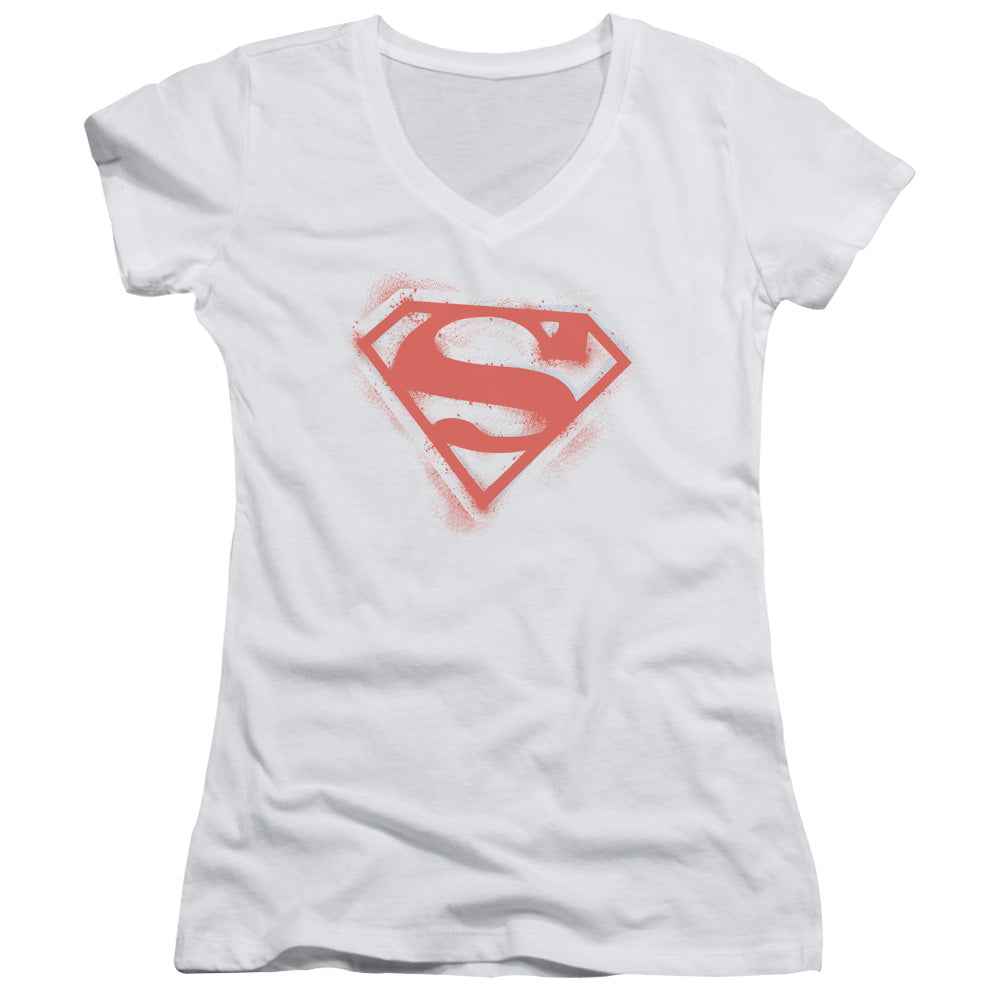 Superman Spray Paint Shield - Junior V-neck - White