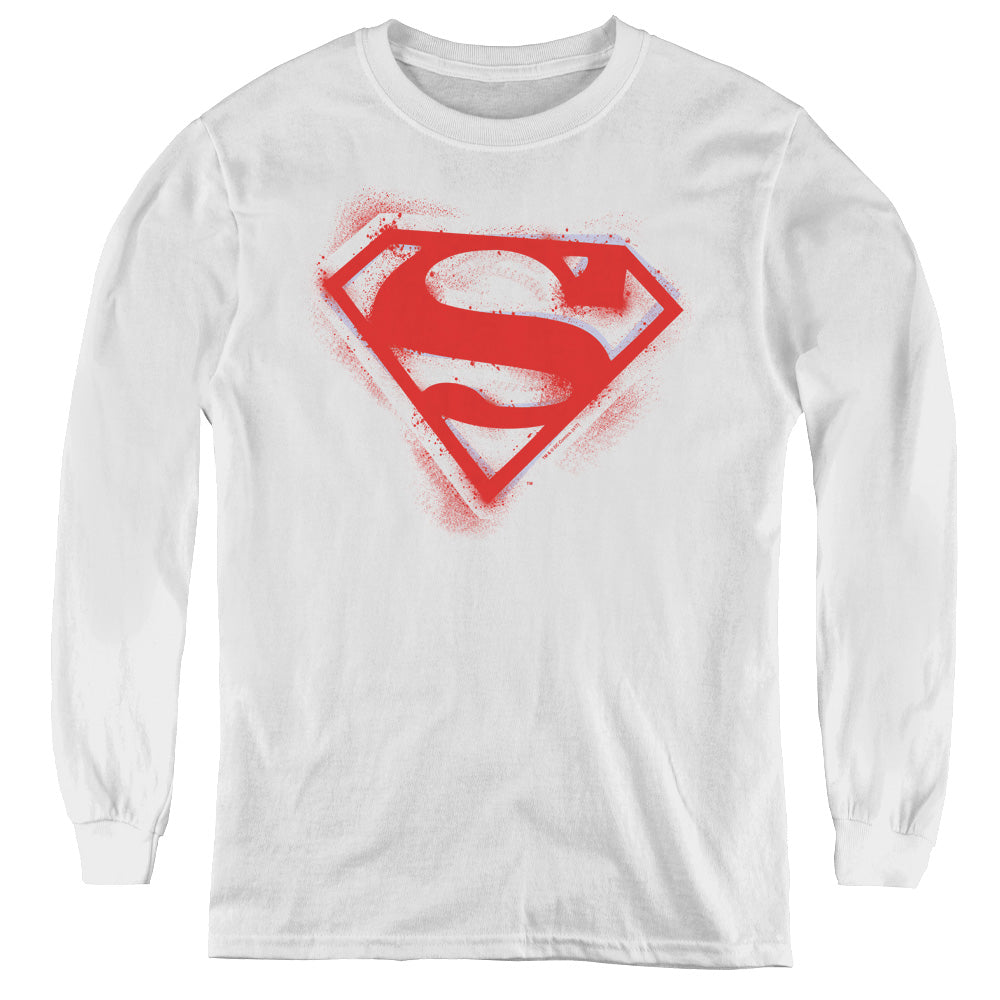 Superman - Spray Paint Shield - Youth Long Sleeve Tee - White