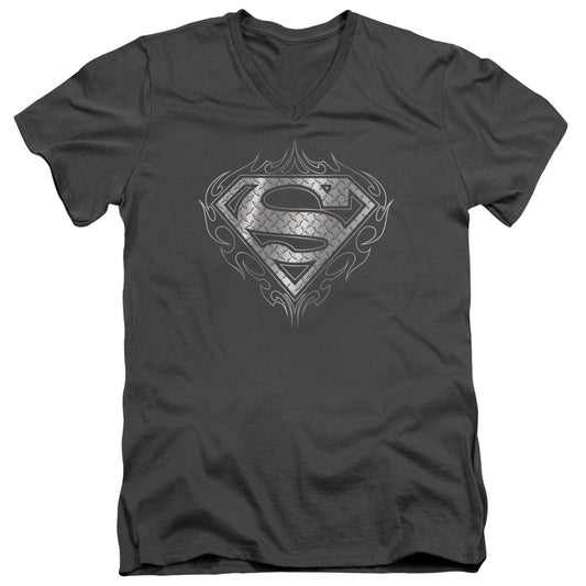 Superman - Tribal Steel Logo - Short Sleeve Adult V-neck - Charcoal T-shirt
