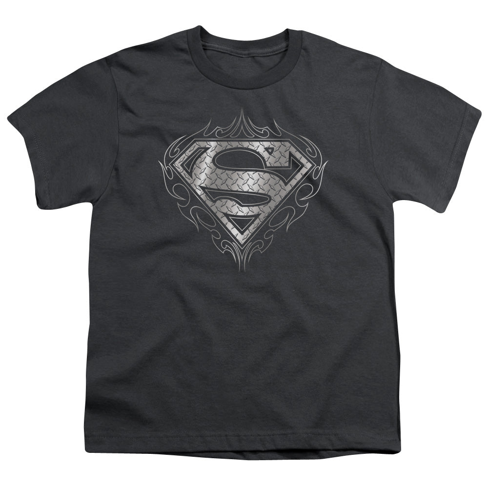 Superman - Tribal Steel Logo - Short Sleeve Youth 18/1 - Charcoal T-shirt