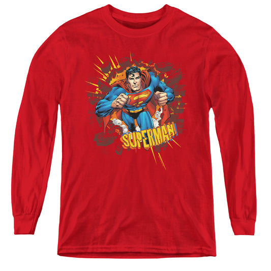 Superman - Sorry About The Wall - Youth Long Sleeve Tee - Red