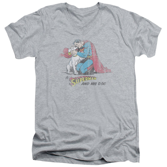 Superman - And His Dog - Short Sleeve Adult V-neck - Athletic Heather T-shirt
