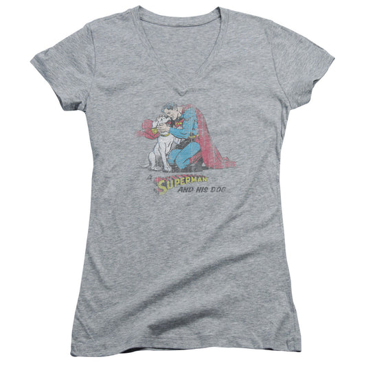 Superman - And His Dog - Junior V-neck - Athletic Heather