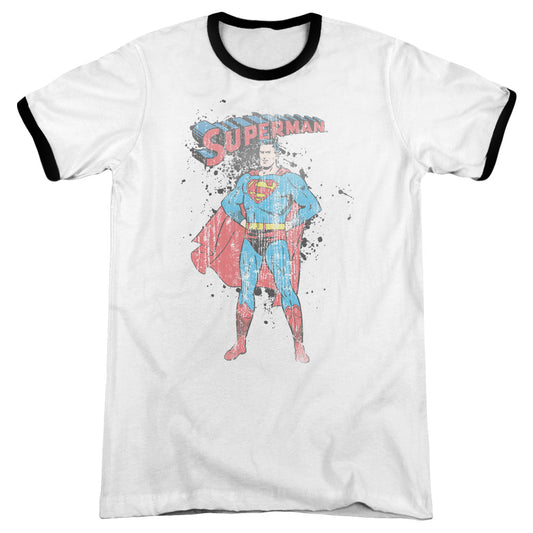 Superman - Vintage Ink Splatter - Adult Ringer - White/black