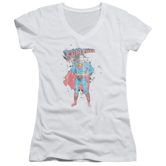 Superman - Vintage Ink Splatter - Junior V-neck - White