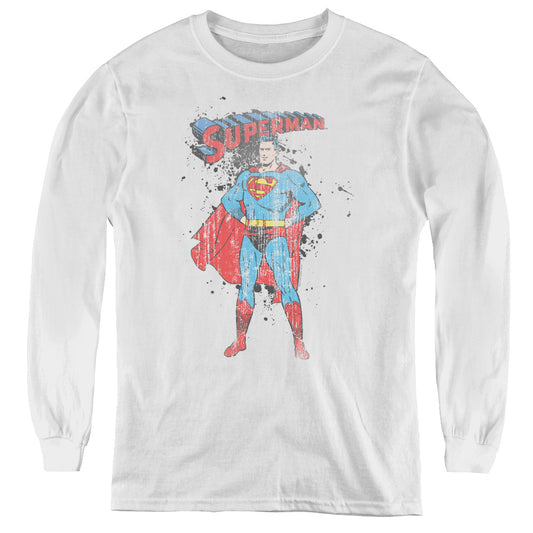 Superman - Vintage Ink Splatter - Youth Long Sleeve Tee - White