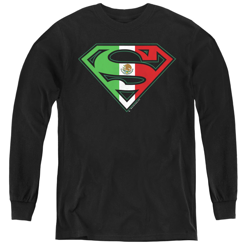 Superman - Mexican Flag Shield - Youth Long Sleeve Tee - Black