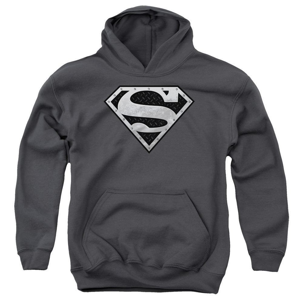 Superman Super Metallic Shield-youth Pull-over Hoodie - Charcoal