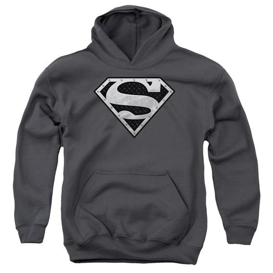 Superman Super Metallic Shield-youth Pull-over Hoodie - Charcoal