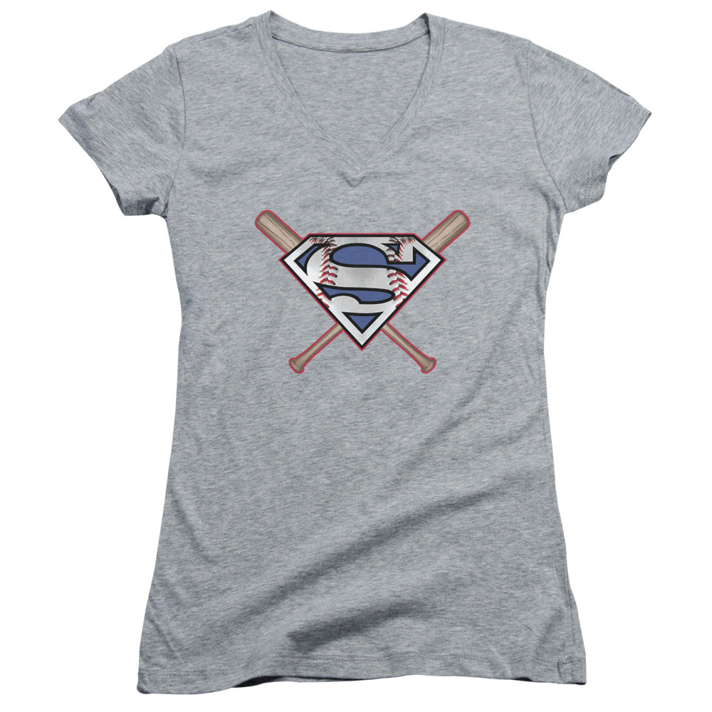 Superman - Crossed Bats - Junior V-neck - Athletic Heather