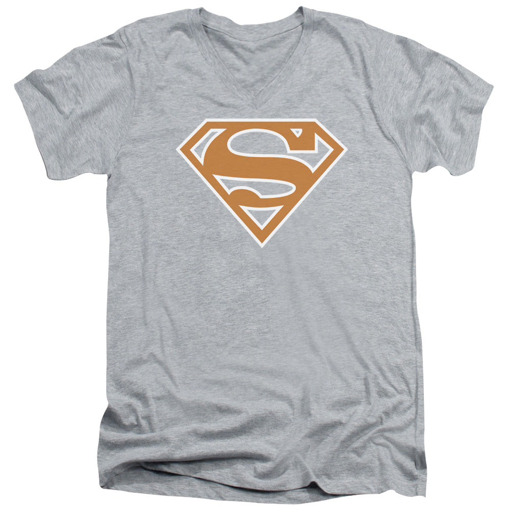 Superman - Burnt Orange&white Shield - Short Sleeve Adult V-neck - Athletic Heather T-shirt