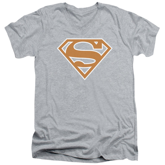 Superman - Burnt Orange&white Shield - Short Sleeve Adult V-neck - Athletic Heather T-shirt