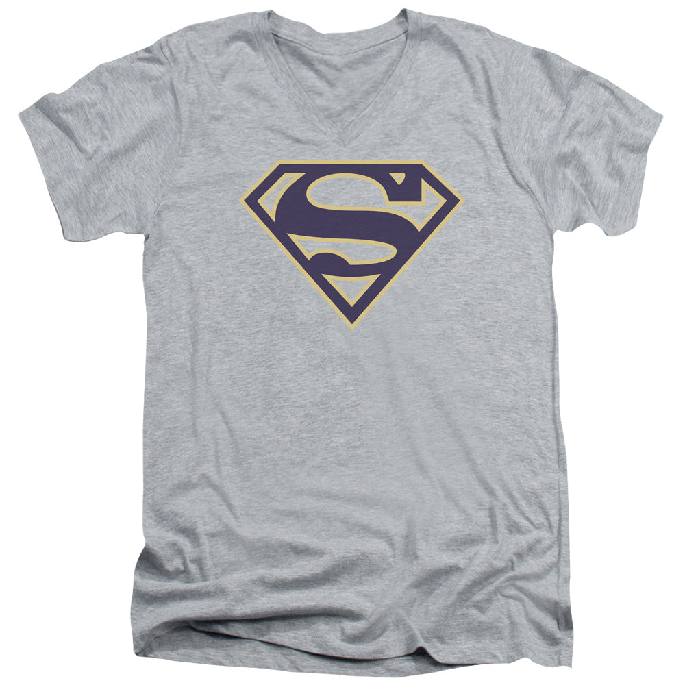 Superman - Navy & Gold Shield - Short Sleeve Adult V-neck - Athletic Heather T-shirt