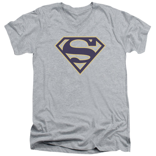 Superman - Navy & Gold Shield - Short Sleeve Adult V-neck - Athletic Heather T-shirt