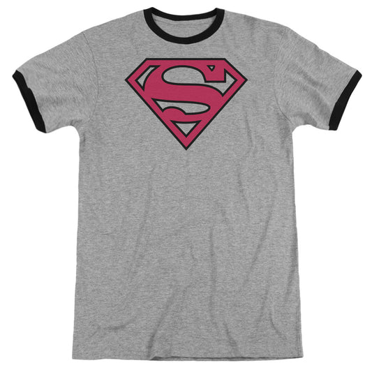 Superman - Red & Black Shield - Adult Ringer - Heather/black