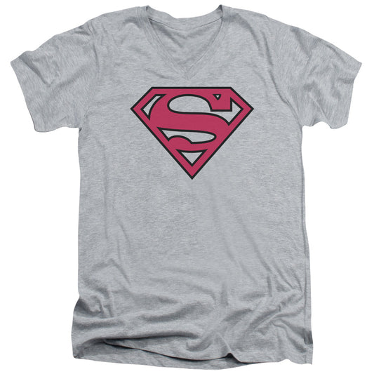 SUPERMAN RED & BLACK SHIELD - S/S ADULT V-NECK - ATHLETIC HEATHER T-Shirt