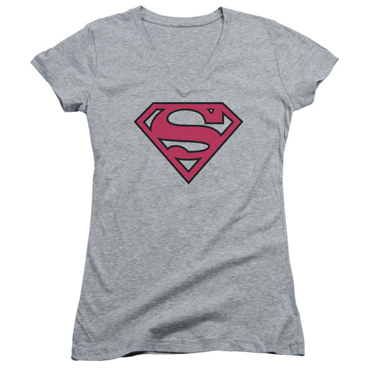 Superman - Red & Black Shield - Junior V-neck - Athletic Heather