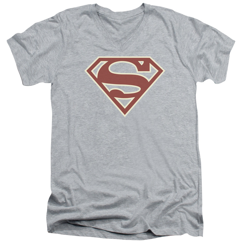 Superman - Crimson & Cream Shield - Short Sleeve Adult V-neck - Athletic Heather T-shirt