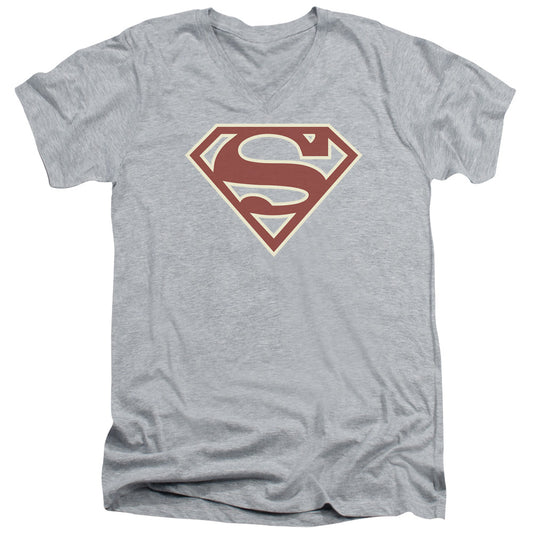 Superman - Crimson & Cream Shield - Short Sleeve Adult V-neck - Athletic Heather T-shirt