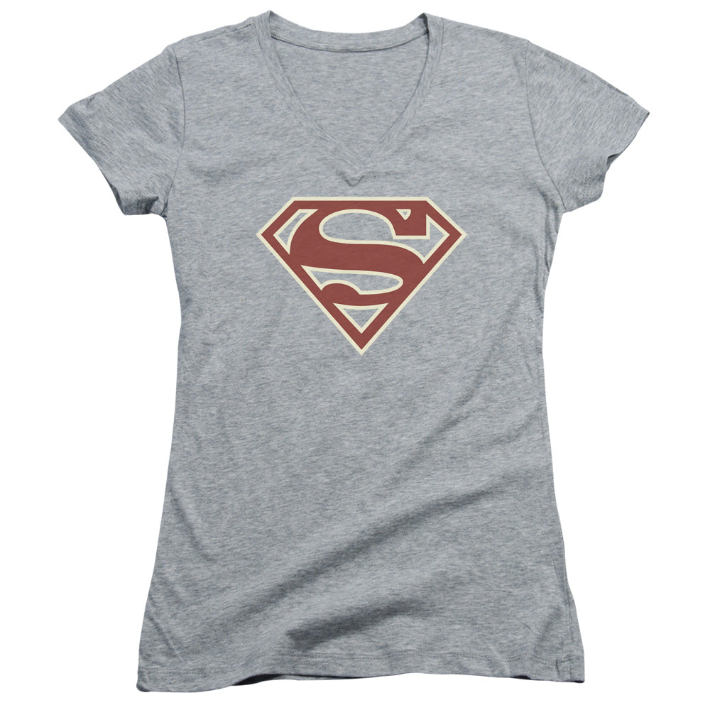 Superman - Crimson & Cream Shield - Junior V-neck - Athletic Heather