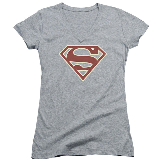 Superman - Crimson & Cream Shield - Junior V-neck - Athletic Heather