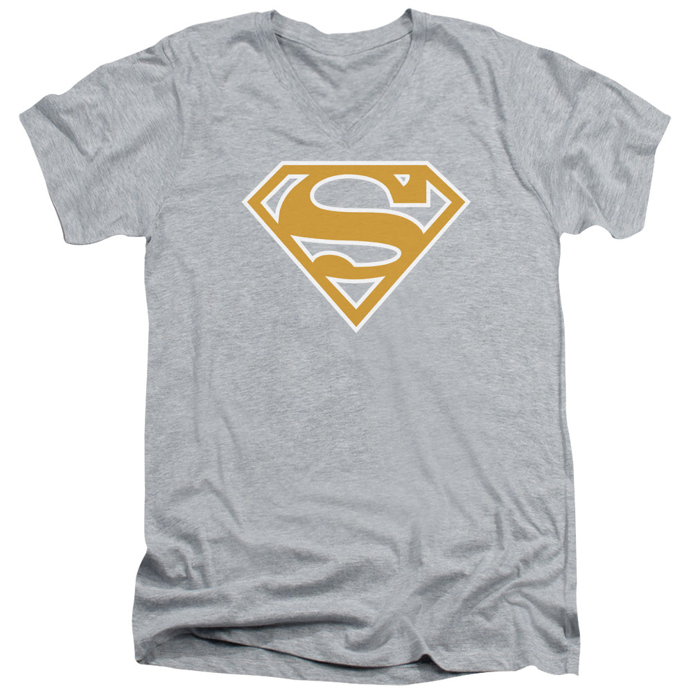 Superman - Lt Orange & White Shield - Short Sleeve Adult V-neck - Athletic Heather T-shirt