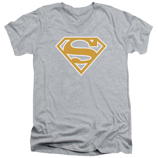 Superman - Lt Orange & White Shield - Short Sleeve Adult V-neck - Athletic Heather T-shirt