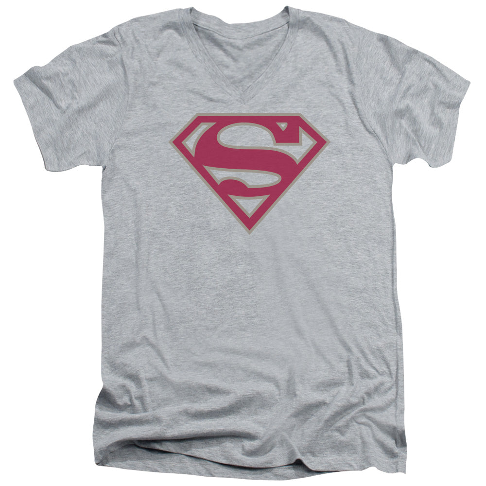 Superman - Crimson & Gray Shield - Short Sleeve Adult V-neck - Athletic Heather T-shirt