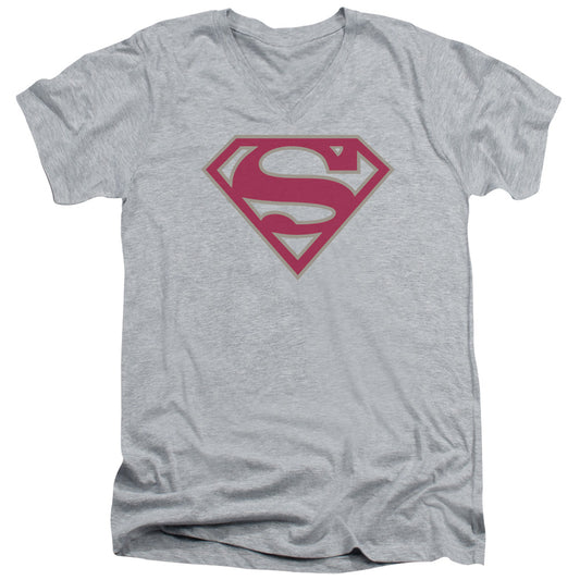 Superman - Crimson & Gray Shield - Short Sleeve Adult V-neck - Athletic Heather T-shirt
