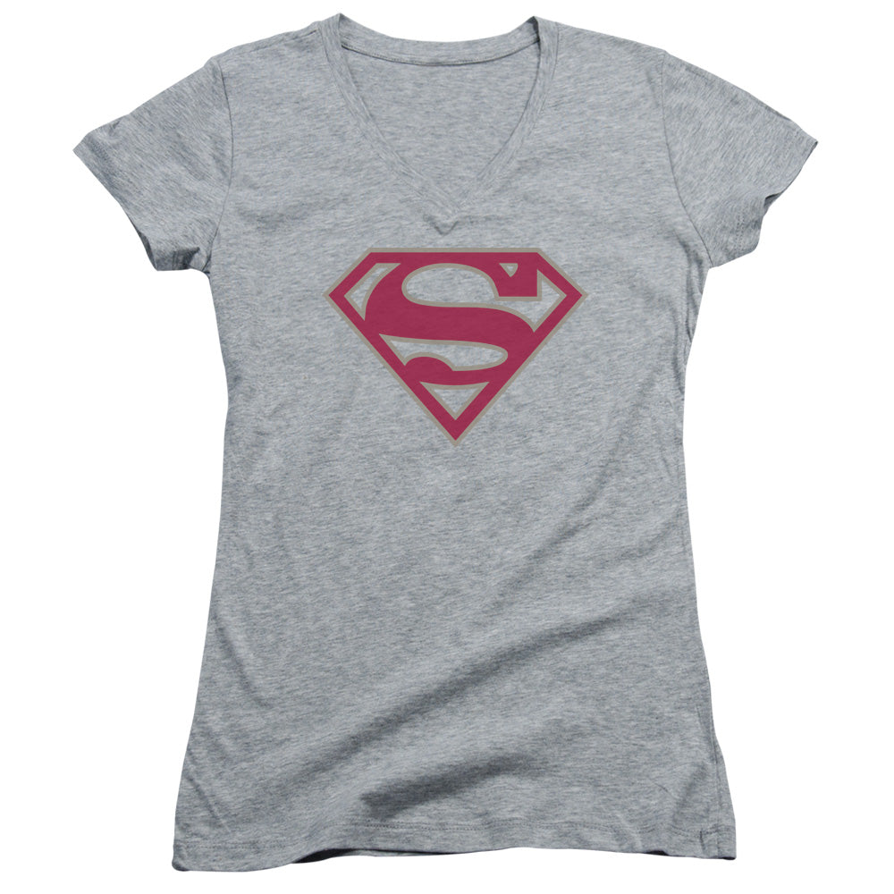 Superman - Crimson & Gray Shield - Junior V-neck - Athletic Heather