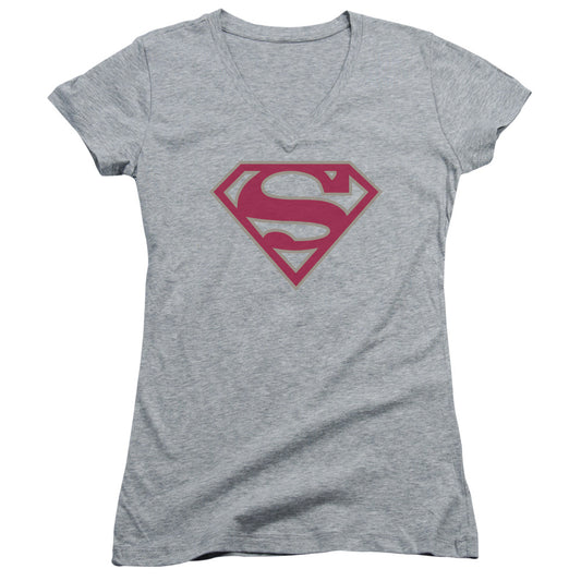 Superman - Crimson & Gray Shield - Junior V-neck - Athletic Heather