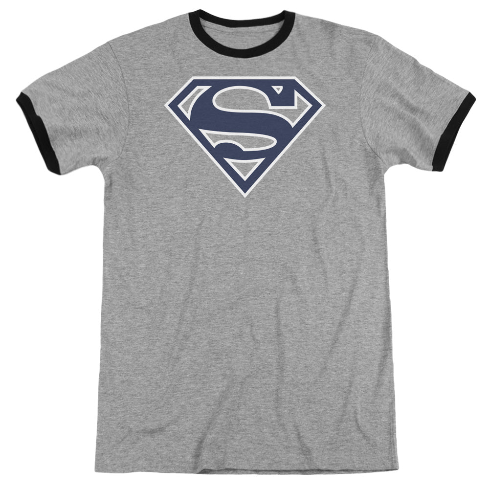 Superman - Navy & White Shield - Adult Ringer - Heather/black