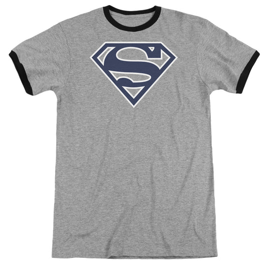Superman - Navy & White Shield - Adult Ringer - Heather/black