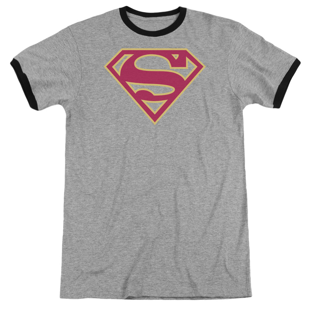 Superman - Red & Gold Shield - Adult Ringer - Heather/black