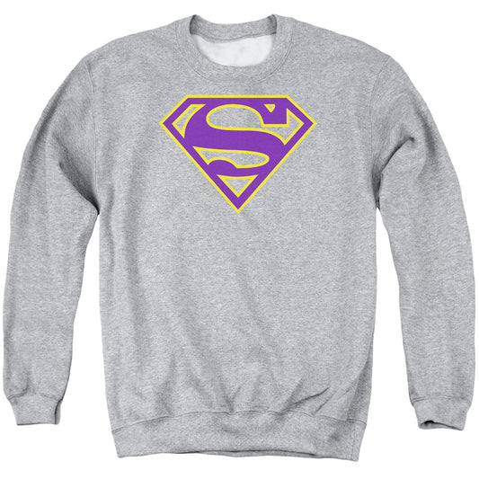 Superman - Purple &amp; Gold Shield - Adult Crewneck Sweatshirt - Athletic Heather