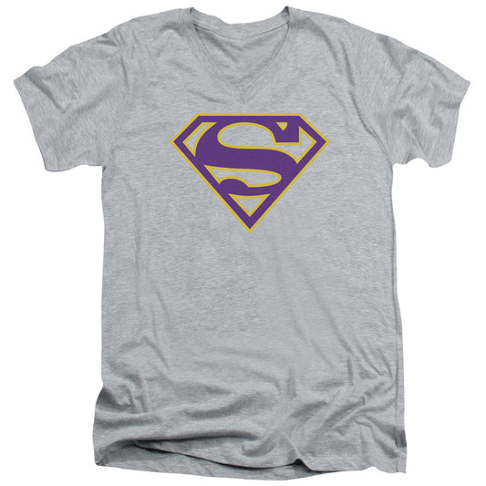 Superman - Purple & Gold Shield - Short Sleeve Adult V-neck - Athletic Heather T-shirt